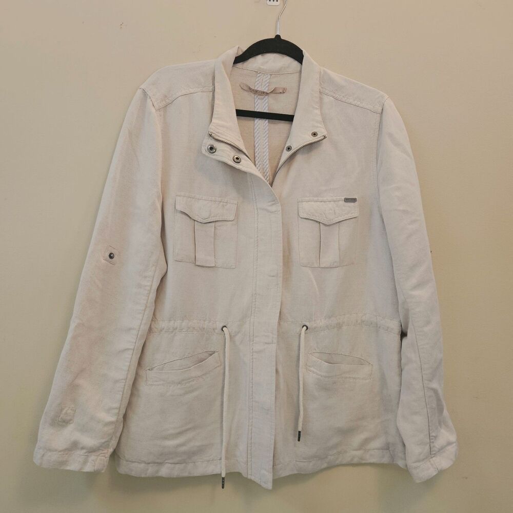 Max Jeans Women's Sz L Beige Military Utility Jacket Snap/Zip Front Linen Blend